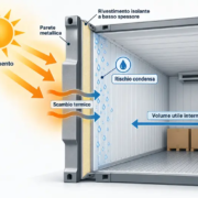 Coibentazione container: schema del problema termico e della condensa Schema del problema termico e del rischio di condensa in un container metallico con rivestimento isolante a basso spessore
