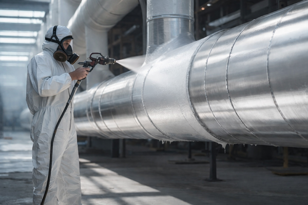 Applicazione di isolante termico Savenergy Industrial NanoCoats su tubazione HVAC industriale con spruzzo airless