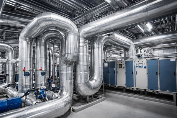 Canalizzazioni HVAC industriali in metallo in centrale impianti con sistema di isolamento termico