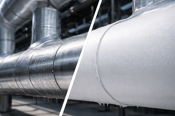 Confronto tubazione HVAC industriale prima e dopo applicazione isolante termico Savenergy Industrial NanoCoats