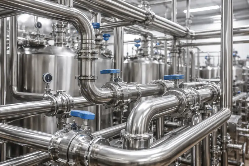 Industrial stainless steel pipes and valves in a dairy facility with Thermal Coating for Dairy Piping applications.