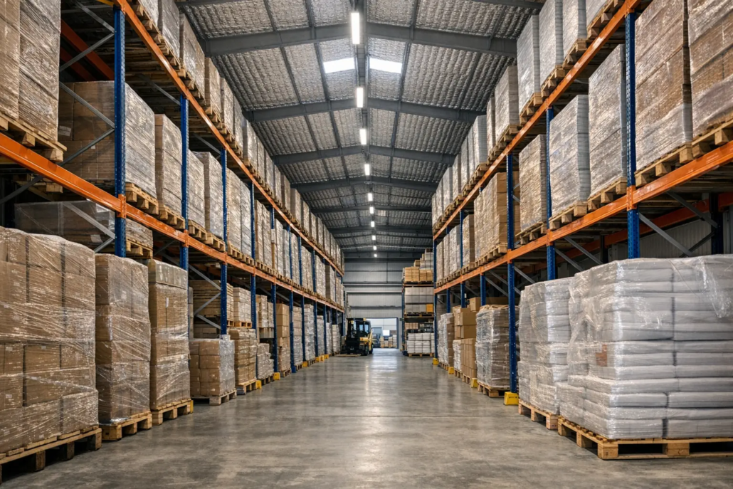 Industrial warehouse interior with high shelving and stored goods, example of insulation for industrial buildings