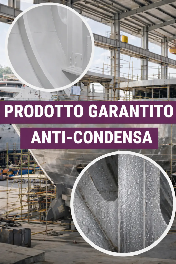 Imbarcazione in cantiere con dettaglio comparativo tra superficie trattata e superficie con condensa, per evidenziare l’effetto anticondensa di Maris Tech.