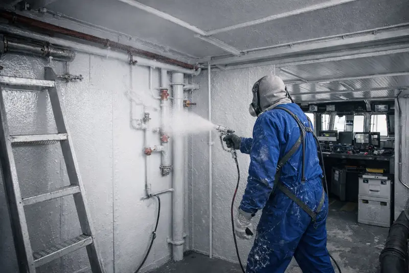 Operator spray-applying thermal insulation coating inside a vessel using MARIS TECH low-thickness insulation system for the marine industry.