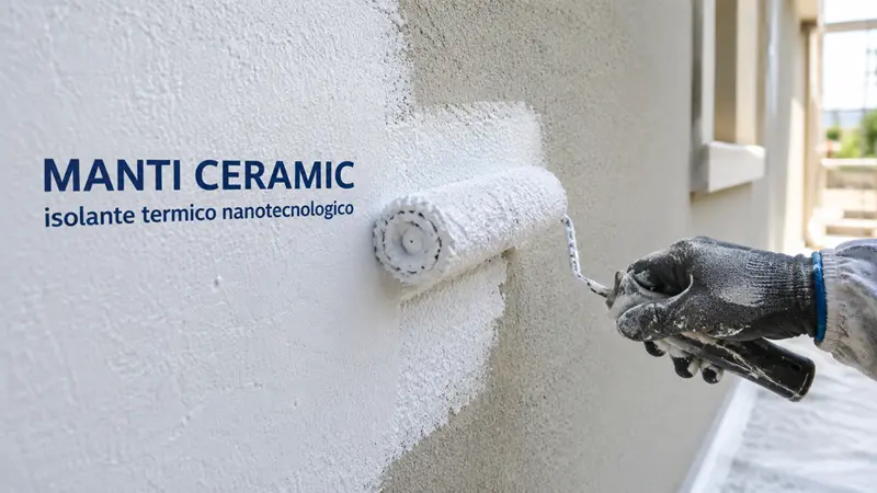 Applicazione di Manti Ceramic Media Densità su parete con rullo per isolamento termico nanotecnologico a basso spessore.