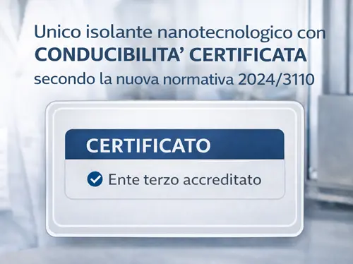 Grafica Manti Ceramic con messaggio sulla conducibilità termica certificata da ente terzo accreditato secondo normativa 2024/3110