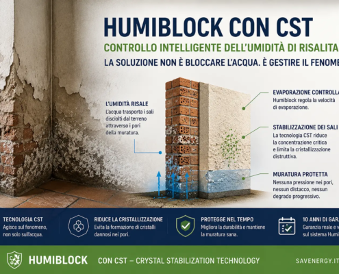 Humiblock con tecnologia CST per il controllo dell’umidità di risalita e della cristallizzazione dei sali nella muratura