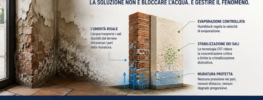 Humiblock con tecnologia CST per il controllo dell’umidità di risalita e della cristallizzazione dei sali nella muratura