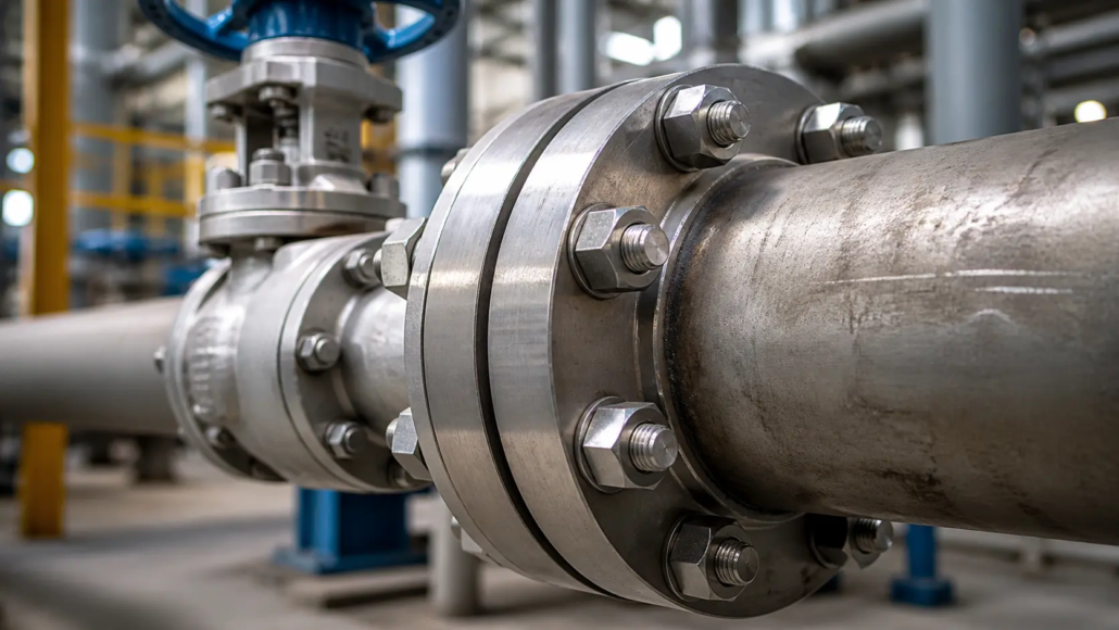 Flangia e valvola su tubazione industriale, esempio di punto critico per l’isolamento a basso spessore