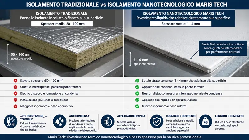 Confronto tra pannello isolante tradizionale e rivestimento nanotecnologico Maris Tech per isolamento navale a basso spessore.