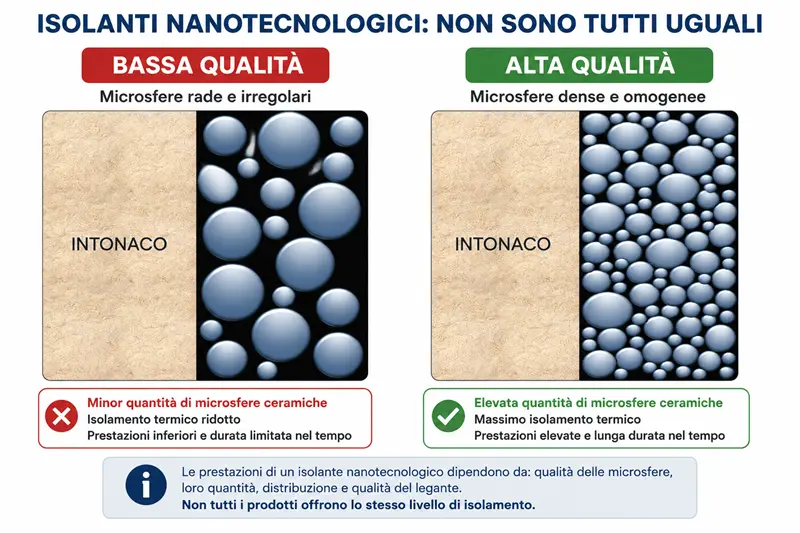 Schema comparativo tra isolante nanotecnologico di bassa qualità e alta qualità con diversa concentrazione e dimensioni di microsfere ceramiche