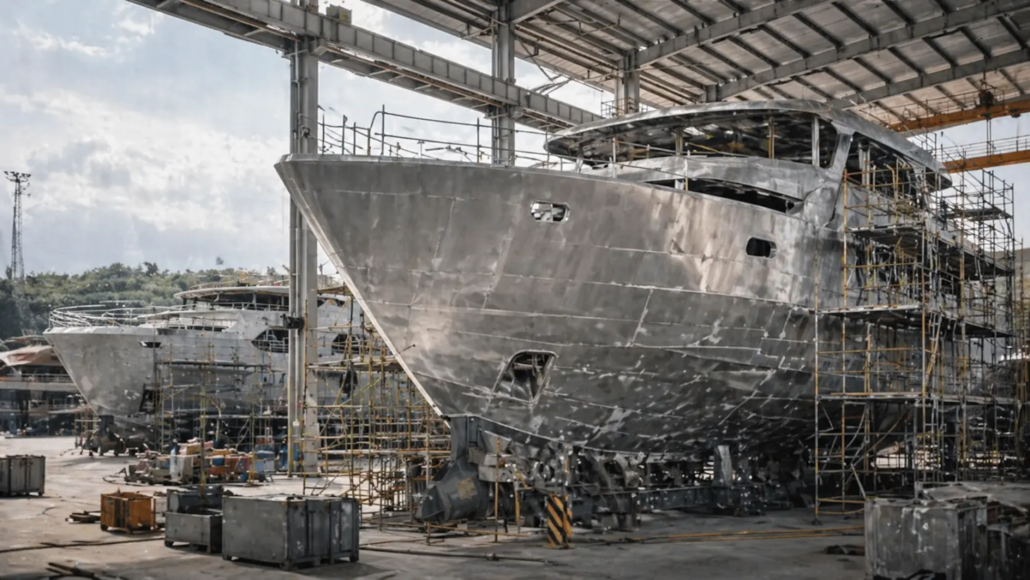 Large yacht under construction in a shipyard, highlighting low thickness thermal insulation solutions for the marine industry to improve onboard comfort, reduce condensation and increase energy efficiency.