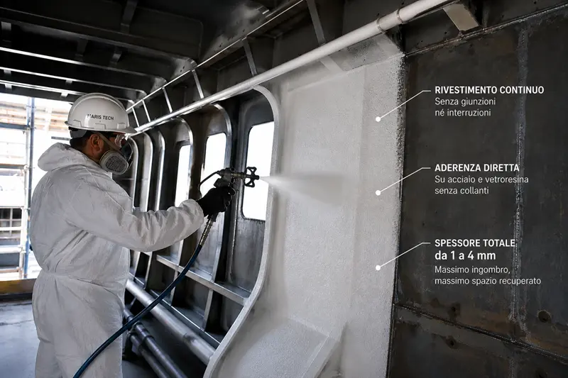 Yacht design 500 GT: applicazione a spruzzo Airless dell'isolante nanotecnologico Maris Tech certificato MED all'interno dello scafo