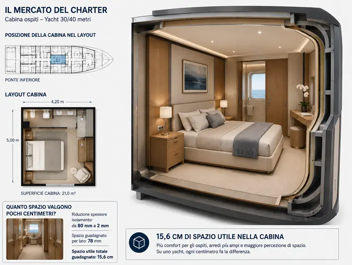 Interni di uno yacht charter sotto 500 GT con isolamento termico Maris Tech.