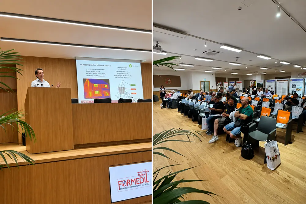 Relatore e partecipanti durante il seminario Savenergy e NANOTECH Group sull'isolamento termico in edilizia e il Microcappotto nanotecnologico, tenutosi presso Formedil Roma il 10 giugno 2026.