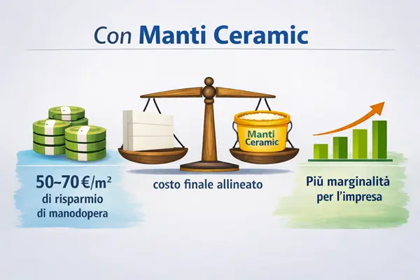 Risparmio di 50-70 euro al mq sulla manodopera con Manti Ceramic rispetto a un cappotto termico tradizionale