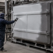 AES Tech Spray Application for Industrial Furnace Insulation Technician spray applying thermal insulation coating AES TECH to an industrial furnace