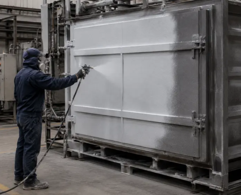 Technician spray applying thermal insulation coating AES TECH to an industrial furnace