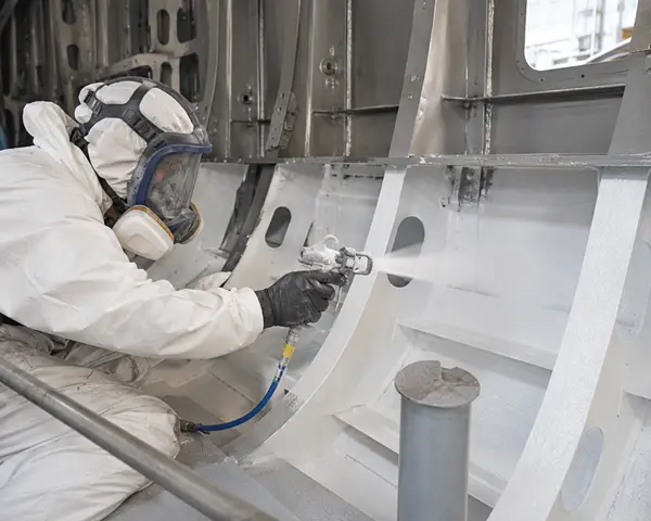 Operaio che applica Maris Tech a spruzzo su un longherone metallico di uno yacht per realizzare un isolamento termico continuo su una geometria complessa.