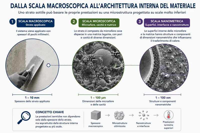 Schema dell’architettura interna di un materiale isolante nanotecnologico, dallo strato macroscopico alla microstruttura con microsfere fino alle strutture e interfacce su scala nanometrica.