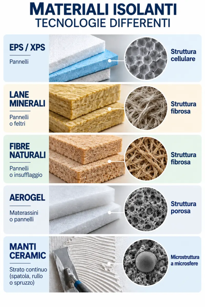 Confronto tra le principali tecnologie isolanti: EPS e XPS, lane minerali, fibre naturali, aerogel e Manti Ceramic con le rispettive strutture interne.