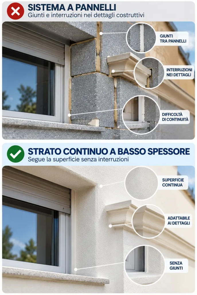 Confronto tra isolamento a pannelli con giunti e uno strato isolante continuo a basso spessore che segue spallette, imbotti e dettagli della facciata.