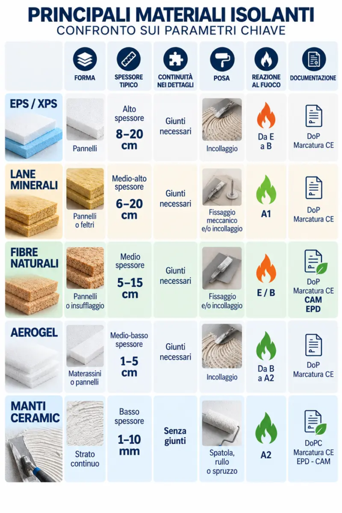 Confronto tra EPS e XPS, lane minerali, fibre naturali, aerogel e Manti Ceramic per spessore, continuità, posa, reazione al fuoco e documentazione.