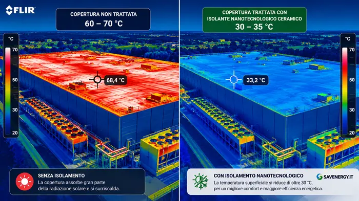 Confronto termografico split-screen del tetto di un capannone industriale. A sinistra, la copertura non trattata raggiunge 60-70 °C (punto a 68,4 °C). A destra, la stessa copertura trattata con isolante nanotecnologico ceramico Savenergy è tra 30-35 °C (punto a 33,2 °C), mostrando una riduzione di oltre 30 °C per efficienza energetica.