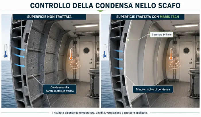 Confronto tra scafo metallico non trattato con condensa e superficie trattata con MARIS TECH