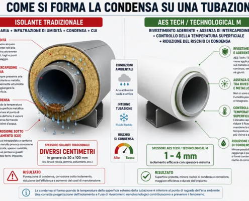 Confronto tra isolante tradizionale e rivestimento AES Tech o Technological M per l’isolamento anticondensa di una tubazione industriale