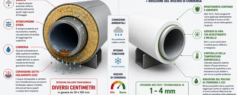 Confronto tra isolante tradizionale e rivestimento AES Tech o Technological M per l’isolamento anticondensa di una tubazione industriale