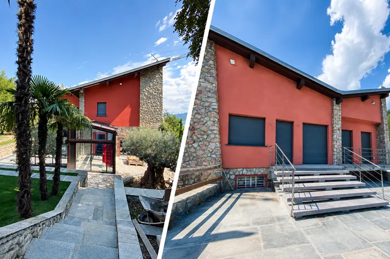 Villa a Menaggio sul Lago di Como dopo l’intervento di isolamento termico esterno a basso spessore, con facciate intonacate e porzioni in pietra a vista.
