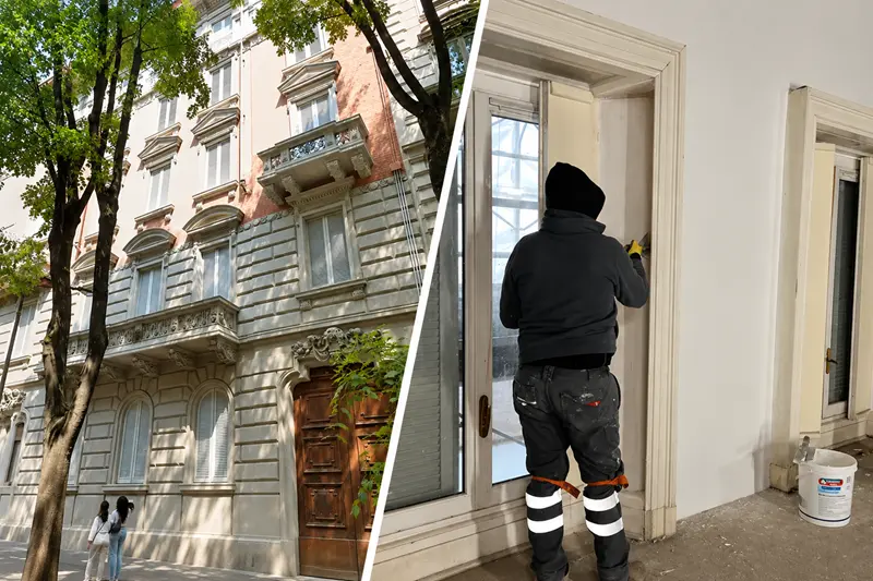 Edificio storico in Via Vincenzo Monti a Milano e applicazione interna di Manti Ceramic anche sulle spallette dei serramenti.