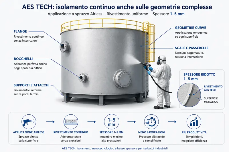 Schema dell'isolamento serbatoi rapido con AES TECH applicato a spruzzo Airless su un serbatoio industriale con geometrie complesse.