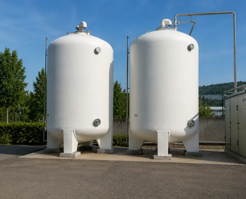 Due serbatoi industriali isolati con sistema a basso spessore AES TECH per un isolamento serbatoi rapido in ambito industriale.