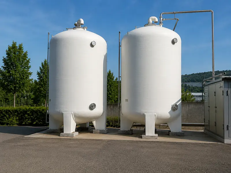 Due serbatoi industriali isolati con sistema a basso spessore AES TECH per un isolamento serbatoi rapido in ambito industriale.