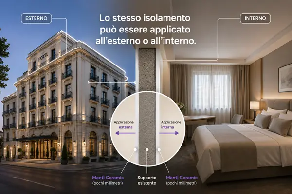 Schema che mostra un sistema di isolamento termico per strutture ricettive applicabile sia all'esterno che all'interno dell'edificio con uno spessore di pochi millimetri.