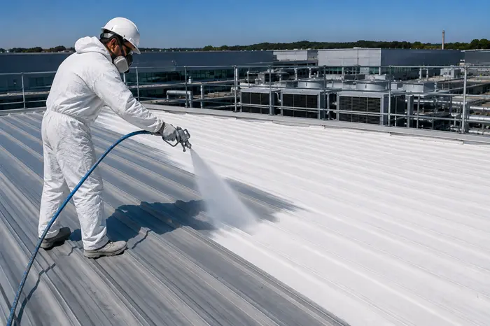 Operaio che applica AES TECH con pompa Airless su una copertura in lamiera grecata di un Data Center per l'isolamento termico del tetto.