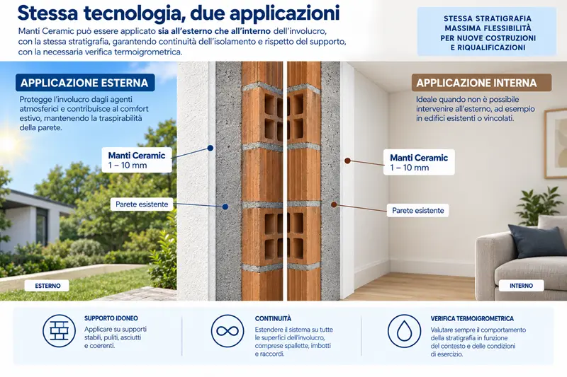 Schema comparativo dell’applicazione di Manti Ceramic all’esterno e all’interno della parete, con lo stesso strato isolante da 1 a 10 mm.
