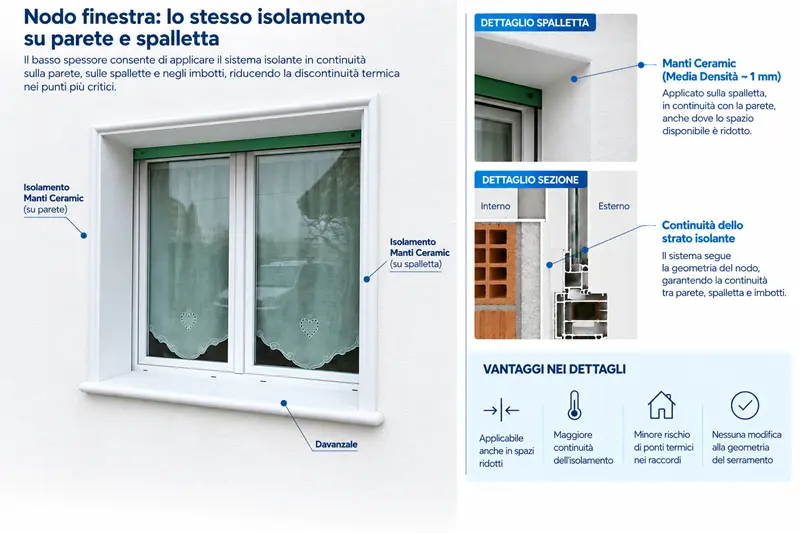 Schema del nodo finestra con isolamento Manti Ceramic applicato in continuità su parete, spalletta e imbotti per ridurre i ponti termici.