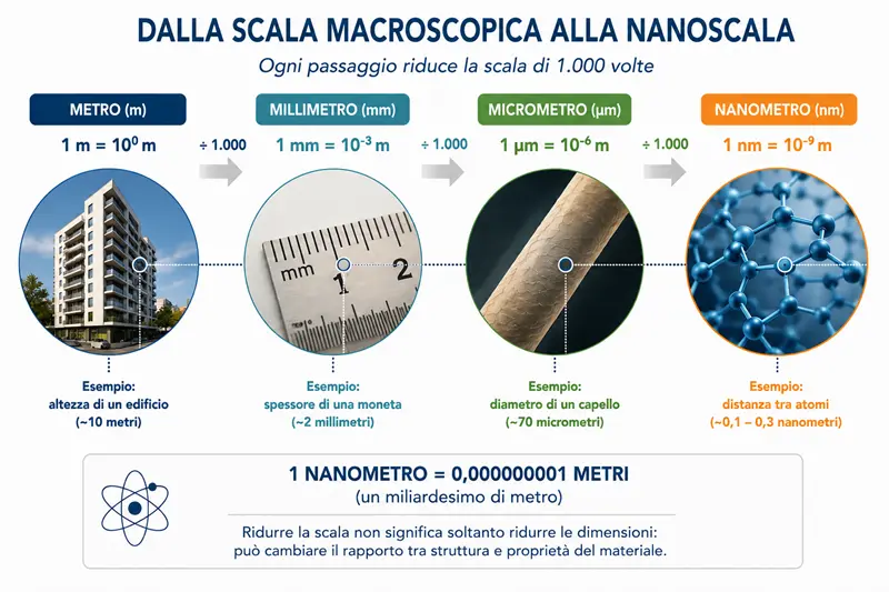Scala dimensionale dalla misura macroscopica al nanometro, con confronto tra metro, millimetro, micrometro e nanometro.