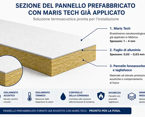 Sezione del pannello prefabbricato per isolamento acustico nautico con rivestimento Maris Tech già applicato in fabbrica su foglio di alluminio.