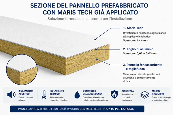 Sezione del pannello prefabbricato per isolamento acustico nautico con rivestimento Maris Tech già applicato in fabbrica su foglio di alluminio.