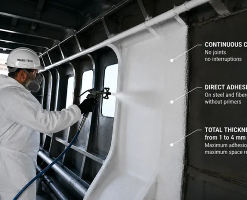 Airless application of Savenergy.it's Maris Tech continuous insulation inside a Yacht Design 500 GT project