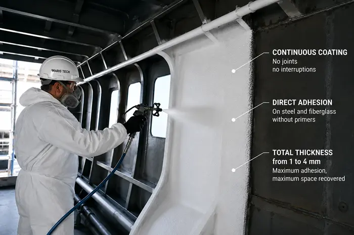 Airless application of Savenergy.it's Maris Tech continuous insulation inside a Yacht Design 500 GT project
