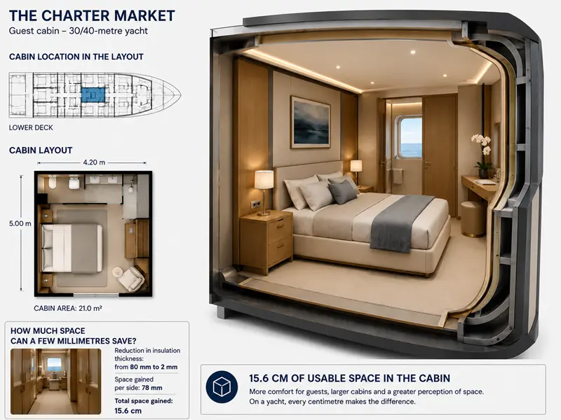Diagram showing cabin space optimisation in Yacht Design 500 GT using ultra-thin Maris Tech insulation to maximise usable interior space.