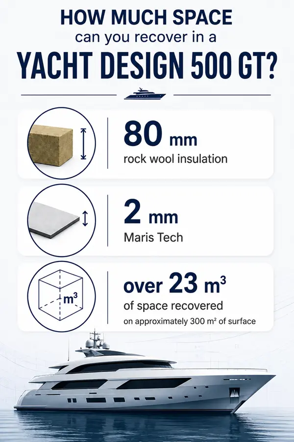 Infographic comparing 80 mm rock wool insulation with 2 mm Maris Tech, illustrating how Yacht Design 500 GT projects can recover over 23 m³ of usable interior space.