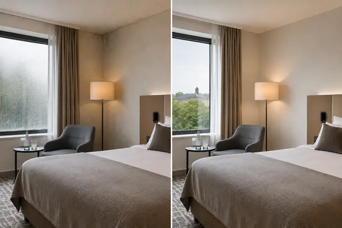 Confronto illustrativo tra due camere d’hotel: a sinistra una parete con lieve condensa e tracce di muffa nell’angolo, a destra una parete asciutta e uniforme con maggiore comfort abitativo.