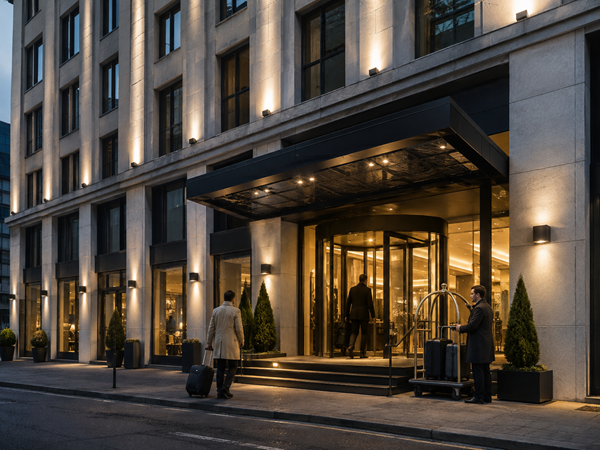 Ingresso di un hotel urbano moderno in contesto cittadino, rappresentativo di una struttura ricettiva aperta tutto l’anno.