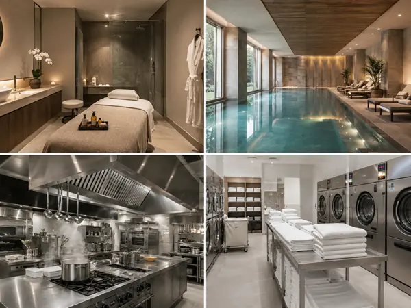 Ambienti con esigenze particolari in hotel e strutture ricettive, come SPA, piscina, cucina e lavanderia.